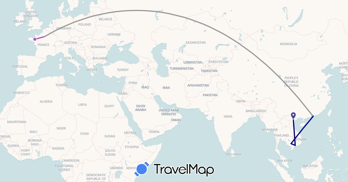 TravelMap itinerary: driving, plane, train, boat in France, Hong Kong, Cambodia, Macau, Vietnam (Asia, Europe)